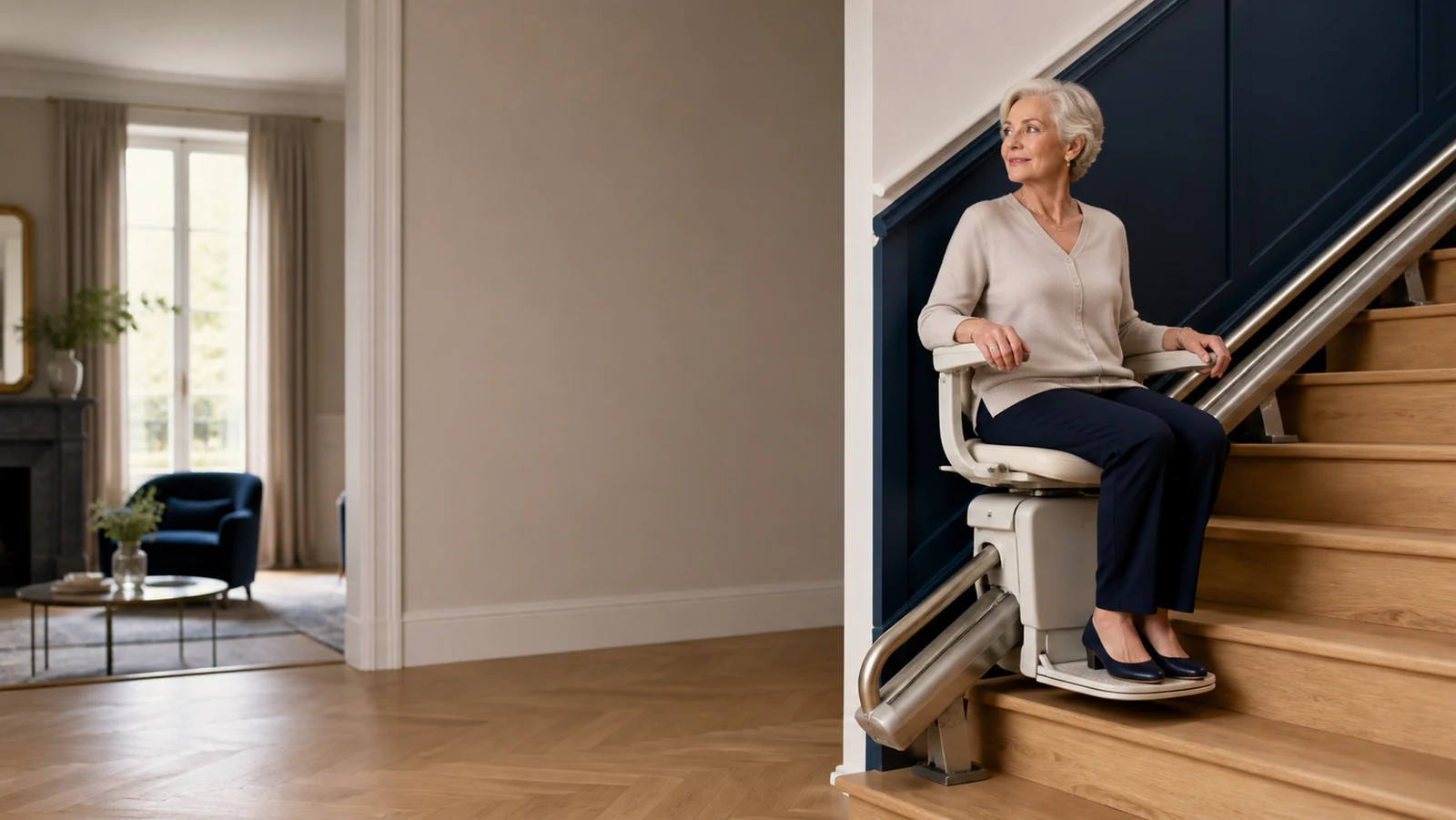 Une femme utilise un monte-escalier dans un intérieur élégant